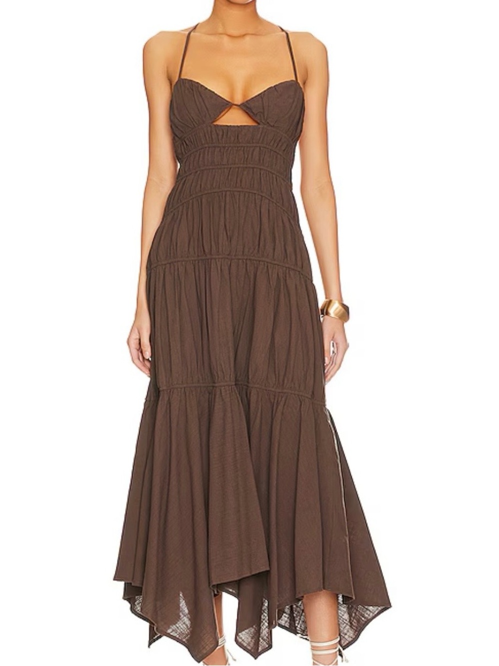Brown Spaghetti-Strap Midi Dress with Cutout Detail